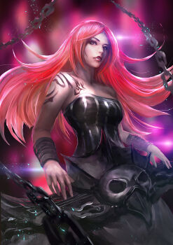 1girl alternate_costume alternate_hair_color alternate_hairstyle armband cglas chain cosplay female_focus gradient_background highres instrument league_of_legends long_hair pentakill pentakill_(league_of_legends) pentakill_sona realistic red_hair solo sona_(league_of_legends) tattoo
