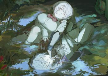 1boy 1girl absurdres aqua_skirt blue_eyes blue_streaks bow bowtie breasts buttons cardigan carnivorous_plant collared_shirt covering_own_mouth dot_nose dress_shirt expressionless feet_out_of_frame gloves grass grey_gloves grey_shirt hair_between_eyes hair_ornament hairclip half-closed_eyes hand_over_own_mouth head_tilt highres hoshirube_sho hoshirube_sho_(1st_costume) in_water knee_up kneehighs large_breasts light_frown long_hair long_skirt long_sleeves looking_at_viewer looking_up lying miniskirt multicolored_hair night nijisanji on_back outdoors pants pants_under_skirt pink_eyes pink_hair plaid_clothes plaid_skirt plant pleated_skirt pond purple_hair red_bow red_bowtie red_skirt ripples rotational_symmetry school_uniform shiina_yuika shiina_yuika_(1st_costume) shirt short_hair skirt sleeves_past_wrists socks sqjrfp streaked_hair swept_bangs tsurime venus_flytrap vest virtual_youtuber white_cardigan white_pants white_socks white_vest wing_collar