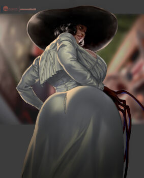 1girl alcina_dimitrescu ass black_hair breasts capcom ear_piercing hat huge_ass huge_breasts lejeanx3 looking_back piercing rejean_dubois resident_evil robe smile solo white_robe yellow_eyes