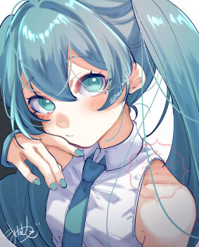 1girl absurdres blue_eyes blue_hair blue_nails blue_necktie blue_trim blush closed_mouth collared_shirt commentary_request detached_sleeves hair_between_eyes hatsune_miku highres long_hair long_sleeves looking_at_viewer mai_mugi necktie shirt signature simple_background sleeveless sleeveless_shirt solo twintails twitter_username upper_body very_long_hair vocaloid water white_background white_shirt