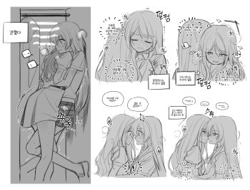 ! 2girls bang_dream! bang_dream!_it&#039;s_mygo!!!!! blush chihaya_anon closet commentary_request greyscale haneoka_school_uniform highres imminent_kiss korean_commentary korean_text long_hair looking_at_another monochrome multiple_girls nagasaki_soyo plaid_clothes plaid_skirt school_uniform skirt speech_bubble sweat translation_request trembling tsukinomori_school_uniform yojeong_dimseom yuri