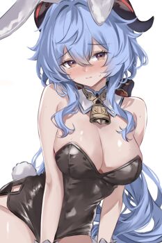 1girl alternate_costume animal_ears bare_shoulders bell black_leotard blue_hair blush breasts cleavage closed_mouth cobra_(cobra_63) commentary_request covered_navel cowbell fake_animal_ears fake_tail ganyu_(genshin_impact) genshin_impact goat_horns hair_between_eyes highres horns large_breasts leotard long_hair looking_at_viewer neck_bell playboy_bunny purple_eyes rabbit_ears rabbit_tail simple_background solo strapless strapless_leotard tail very_long_hair white_background