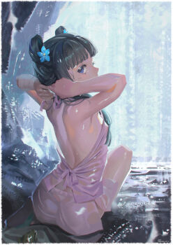 1girl absurdres adjusting_dress alphonse_(white_datura) ass back backless_dress backless_outfit black_hair blue_eyes blunt_bangs blush breasts butt_crack dress flower from_behind hair_flower hair_ornament hair_rings highres kusuriya_no_hitorigoto loli long_hair looking_at_viewer looking_back maomao_(kusuriya_no_hitorigoto) outdoors pink_dress revision shoulder_blades sitting small_breasts solo wet wet_clothes wet_dress