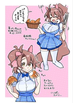 Rule 34 | animal ears, blue bow, blue bowtie, bow, bowtie, bread, commentary request, cream, dantsu flame (umamusume), eating, food, highres, holding, holding tongs, horse ears, horse tail, multiple views, pleated skirt, shirt, skirt, sound effects, speech bubble, tail, tongs, umamusume, white shirt, yawaraka yusen
