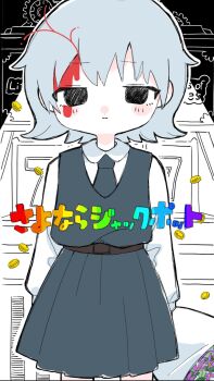 Rule 34 | 1girl, arms at sides, black dress, black eyes, black necktie, bleeding, blood, blood from forehead, blood on face, blush, bouquet, closed mouth, coin, collared shirt, dress, empty eyes, feet out of frame, flower, grey hair, half-closed eyes, holding, holding bouquet, iyowa girls, looking at viewer, monochrome background, necktie, rainbow text, sanuki no uzura, sayo (iyowa), sayonara jackpot (vocaloid), shirt, short hair, slot machine, solo, song name, standing, straight-on, white shirt