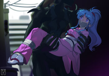 1boy 1girl artist_name blue_hair blurry blurry_background botan_(yu_yu_hakusho) bound cad_(caddo) carrying commentary commission gag high_ponytail improvised_gag japanese_clothes kidnapping kimono pink_kimono ponytail princess_carry purple_eyes tabi tape tape_bondage tape_gag yuu_yuu_hakusho