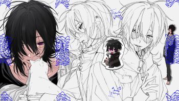 1boy animal black_hair black_nails black_shirt cat check_copyright chibi chibi_inset collarbone commentary commission copyright_request earrings english_commentary glasses hair_between_eyes hair_over_one_eye hand_up highres holding holding_animal holding_cat jacket jewelry looking_at_animal looking_at_viewer male_focus medium_hair mouth_hold multiple_views original partially_colored pink_eyes ribbon ribbon_in_mouth shirt straight-on thank_you upper_body watermark white_cat wooooooooooo_w