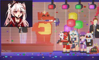 5girls animatronic black_hat commentary confetti dress five_nights_at_freddy's hat highres honkai:_star_rail honkai_(series) long_hair meme multiple_girls never_gonna_give_you_up open_mouth ralminno red_dress red_eyes red_sailor_collar rick_astley sailor_collar sparkle_(honkai:_star_rail) sparxie_(honkai:_star_rail) twintails white_hair