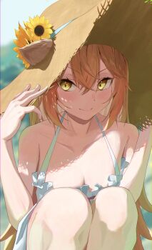 Rule 34 | >:), 1girl, absurdres, animal ears, blurry, blurry background, blush, breasts, brown hair, cleavage, closed mouth, depth of field, double-parted bangs, dress, ears through headwear, flower, frilled dress, frills, hair behind ear, halter dress, halterneck, hashtag-only commentary, hat, hat flower, highres, indie virtual youtuber, lion ears, long hair, messy hair, nayuyu1105, rurudo lion, rurudo lion (1st costume), sleeveless, sleeveless dress, small breasts, smile, solo, squatting, straw hat, sun hat, sundress, v-shaped eyebrows, white dress, yellow eyes