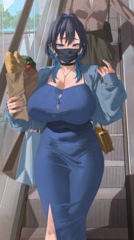 2girls alternate_costume archinoer baguette black_choker black_hair blue_cardigan blue_dress blue_eyes blue_hair bread breasts cardigan chain chain_earrings choker colored_inner_hair commentary cowboy_shot cropped_cardigan day dress electric_stairs english_commentary food hair_intakes highres holding holding_food hololive hololive_english huge_breasts large_breasts long_sleeves looking_at_viewer mask medium_hair mouth_mask multicolored_hair multiple_girls ouro_kronii outdoors solo_focus standing virtual_youtuber