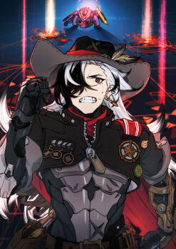 1boy absurdres black_eyes black_hair black_hat black_jacket boothill_(honkai:_star_rail) bullet_earrings cowboy_hat crosshair_pupils cyborg earrings fleeing gun hair_over_one_eye hat highres holster honkai:_star_rail honkai_(series) jacket jewelry long_hair looking_at_viewer male_focus multicolored_hair red_pupils rinrin-shi robot running sharp_teeth solo sweat teeth two-tone_hair weapon white_hair zipper_pull_tab