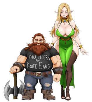 1boy 1girl absurdres axe beard belt black_eyes black_shirt blonde_hair bracelet breasts brown_belt clothes_writing codybaier dress dwarf elf facial_hair gold_bracelet gold_collar green_dress green_eyes hand_on_another's_shoulder height_difference highres holding holding_axe jewelry large_breasts muscular muscular_male open-toe_shoes original pants pointy_ears shirt torn_clothes torn_pants