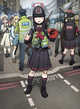 2boys 6+girls android_(blue_archive) battle_rifle black_skirt blue_archive blue_skirt chickenapple33 cuffs custodian_helmet dress fn_fal green_vest gun handcuffs helmet high-visibility_clothing high-visibility_jacket high-visibility_vest highres justice_task_force_member_(blue_archive) looking_at_viewer megaphone metropolitan_police_service motor_vehicle multiple_boys multiple_girls police rifle robot school_uniform skirt tea_party_militant_(blue_archive) trinity_student_(blue_archive) van vest weapon white_dress