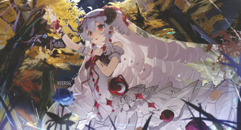 1girl arm_up bare_shoulders blue_flower blue_rose commentary_request cowboy_shot crescent dress drill_hair flower forest frilled_dress frills gem grey_dress grey_hair hair_between_eyes hand_on_own_chest highres long_hair nature original outdoors parted_lips red_eyes red_flower red_gemstone red_rose rose sidelocks tree veil very_long_hair wiersa