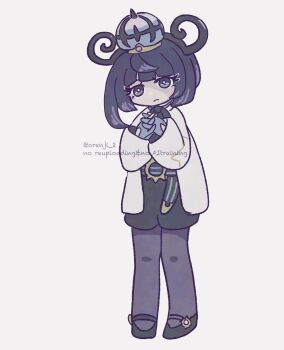 belt belt_buckle black_dress black_shoes bob_cut buckle closed_mouth coat dress eyelashes full_body gloves gwynn_(pokemon) hat highres interlocked_fingers long_sleeves looking_at_viewer nintendo o-ring o-ring_belt open_clothes open_coat orenji_2 own_hands_together pantyhose partially_fingerless_gloves pokemon pokemon_legends:_z-a purple_eyes purple_hair shoes short_hair twitter_username white_background white_coat