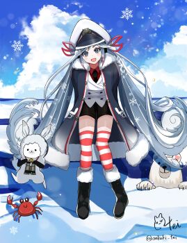 1girl 1other absurdres animal aqua_eyes aqua_hair arms_behind_back bear binoculars black_coat black_gloves black_necktie black_shorts blush character_name closed_mouth coat collared_shirt commentary_request crab full_body fur-trimmed_coat fur-trimmed_sleeves fur_trim gloves gradient_hair hair_between_eyes hair_ornament hair_ribbon hat hatsune_miku highres jacket leaning_forward long_hair long_sleeves looking_at_viewer multicolored_hair necktie oekaki_tei official_alternate_costume official_alternate_hairstyle one_eye_closed outdoors peaked_cap polar_bear rabbit rabbit_yukine red_ribbon red_shirt ribbon sailor_hat shirt short_shorts shorts signature smile snowflakes standing striped_clothes striped_thighhighs thighhighs twintails very_long_hair vocaloid white_hair white_jacket white_rabbit_(animal) yuki_miku yuki_miku_(2022) zettai_ryouiki