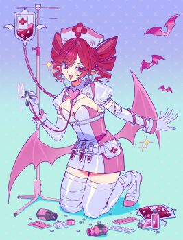1girl bandages bat_wings belt belt_pouch blister_pack blood blood_bag bottle breasts buro_(muse_dash) buro_(nocturne_bloodheir)_(muse_dash) cleavage cross cross_background demon_wings dress drill_hair elbow_gloves eni_ate fangs full_body gloves gradient_background hair_intakes hat heart heart_ornament highres holding holding_stethoscope looking_at_viewer low_wings medium_breasts microdress necktie nurse nurse_cap pill pill_bottle pointy_ears pouch red_cross red_eyes red_hair shoes shrug_(clothing) simple_background solo sparkle stethoscope swept_bangs test_tube twin_drills white_shoes white_shrug wings