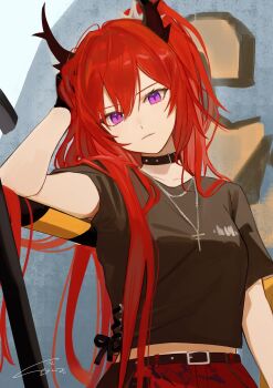 1girl arknights black_choker black_horns black_shirt chain chain_necklace choker closed_mouth commentary cross cross_necklace hair_between_eyes hand_in_own_hair hand_on_own_head highres horns jewelry k-yosinori latin_cross long_hair looking_at_viewer necklace purple_eyes red_hair shirt short_sleeves signature solo surtr_(arknights) t-shirt upper_body