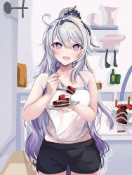 Rule 34 | + +, 1girl, :d, ahoge, birthday cake, black shorts, breasts, cake, cake slice, commentary, commission, cowboy shot, dolphin shorts, english commentary, fadill adelia, food, fork, holding, holding fork, holding plate, honkai (series), honkai impact 3rd, indoors, kiana kaslana, kiana kaslana (herrscher of finality), kitchen, long hair, looking at viewer, medium breasts, open mouth, plate, purple eyes, second-party source, shirt, shorts, sleeveless, smile, solo, spaghetti strap, table, teeth, upper teeth only, very long hair, white hair, white shirt