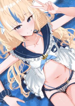 Rule 34 | 1girl, animal ears, bikini, bikini under clothes, blonde hair, blue bikini, blue eyes, blue hair, breasts, cat ears, closed mouth, dress, highres, indie virtual youtuber, long hair, multicolored hair, navel, sameko saba, shorts, sleeveless, sleeveless dress, small breasts, smile, solo, streaked hair, swimsuit, v, vanssey, very long hair, virtual youtuber, white dress, white shorts