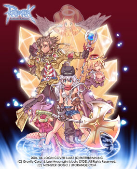 1boy 2000s_(style) 4girls angel axe bad_id bandana belt biretta blacksmith_(ragnarok_online) blonde_hair blue_shorts book braid brown_belt brown_cape brown_eyes brown_gloves brown_hair brown_pants cape closed_mouth coat commentary_request crop_top cross crystal dagger dated dated_commentary deviruchi_hat dress emperium fingerless_gloves full_body fur-trimmed_coat fur_trim gloves green_eyes hair_between_eyes halo hat holding holding_axe holding_book holding_dagger holding_knife holding_staff holding_weapon interlocked_fingers juliet_sleeves knife korean_commentary level_up_angel logo long_hair long_sleeves looking_afar looking_at_viewer monster_gogo multiple_girls official_art open_mouth pants pointy_ears praying priest_(ragnarok_online) puffy_sleeves purple_dress purple_hair ragnarok_online red_bandana red_coat red_shirt rogue_(ragnarok_online) sage_(ragnarok_online) shirt shoes short_hair shorts sleeveless sleeveless_shirt smile staff striped_cape tied_shirt traditional_halo twin_braids waist_cape weapon white_hair white_shirt white_wings wings