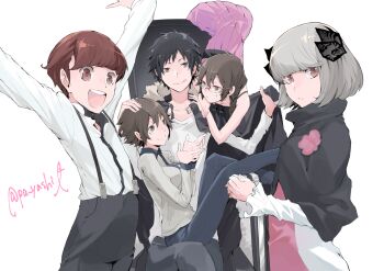 Rule 34 | 2boys, 3girls, :d, arms around neck, arms up, black capelet, black hair, black pants, blunt bangs, bob cut, braid, brown eyes, brown hair, capelet, carrying, chair, closed mouth, dress, durarara!!, flower, glasses, grey hair, hair ornament, hand on another's head, hand on another's leg, harem, haruto (durarara!!), himari (durarara!!), jacket, jacket on shoulders, long sleeves, looking at viewer, multiple boys, multiple girls, open mouth, orihara izaya, orihara kururi, orihara mairu, outstretched arms, own hands together, pa yashi, pants, pink shirt, red hair, shirt, short hair, simple background, sitting, sitting on lap, sitting on person, smile, suspenders, sweater, turtleneck, twitter username, white background, white shirt