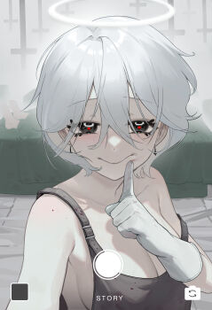 1girl absurdres bare_shoulders black_eyes blood blush breasts cleavage closed_mouth collarbone cross earrings finger_to_mouth gloves grey_hair hair_between_eyes halo highres jewelry k_hottok looking_at_viewer original red_pupils selfie short_hair shushing smile solo strap_slip tank_top upper_body white_gloves white_hair