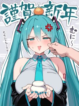1boy 1girl anger_vein aqua_eyes aqua_hair aqua_nails aqua_necktie black_sleeves blush breasts commentary_request detached_sleeves fingernails food food_on_head fruit fruit_on_head greatmosu grey_shirt hair_between_eyes hatsune_miku highres large_breasts looking_at_viewer mandarin_orange nail_polish necktie new_year object_on_head open_mouth shirt sleeveless sleeveless_shirt solo solo_focus translation_request vocaloid
