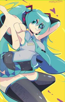 1girl absurdres aqua_eyes aqua_hair aqua_necktie aqua_trim armpit_crease arms_up black_sleeves collared_shirt detached_sleeves floating_clothes floating_hair floating_neckwear foreshortening grey_shirt gyaru_w hair_between_eyes hatsune_miku headset heart highres long_hair looking_at_viewer necktie outline parted_lips saturnserkel shirt signature skindentation sleeveless sleeveless_shirt smile solo thighhighs twintails very_long_hair vocaloid w yellow_background yellow_outline zettai_ryouiki