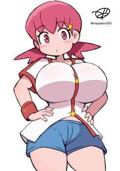 Rule 34 | 1girl, blue shorts, blush, breasts, cleavage, denim, denim shorts, hair ornament, hairclip, hands on own hips, highres, huge breasts, looking at viewer, low twintails, miyazero, nintendo, pink eyes, pink hair, pokemon, pokemon hgss, shirt, short hair, short sleeves, shorts, standing, twintails, white background, white shirt, whitney (pokemon), wristband