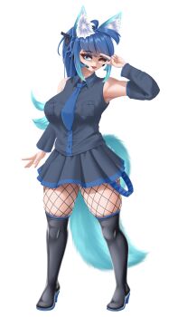 Rule 34 | 1girl, absurdres, animal ear fluff, animal ears, aqua tail, belt, blue eyes, blue hair, blue necktie, boots, collared shirt, detached sleeves, fishnets, fluffy, fox ears, fox girl, fox tail, gun, hair ornament, happy, headphones, high heel boots, high heels, highres, latex, latex boots, long hair, microphone, necktie, one eye closed, open mouth, original, peace symbol, pocket, ponytail, shirt, shoes, skirt, sleeveless, sleeveless shirt, tail, takie arts, thick thighs, thighs, vocaloid, weapon, white background, wink