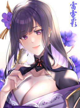 1girl bird bird_on_hand blunt_bangs blush breasts bridal_gauntlets cleavage closed_mouth collarbone commentary english_commentary flower genshin_impact hair_ornament huge_breasts japanese_clothes light_blush long_hair looking_at_viewer mole mole_under_eye multicolored_eyes neck_ribbon pink_lips pink_pupils purple_eyes purple_flower purple_hair raiden_shogun red_ribbon ribbon sae_(asahinasae) shade solo translation_request upper_body