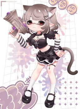 1girl :3 animal_ear_fluff animal_ears black_arm_warmers black_choker black_shirt black_shoes black_skirt breasts brown_hair cat_ears cat_girl cat_tail choker cleavage closed_mouth commentary_request commission crop_top extra_ears frilled_skirt frilled_sleeves frills full_body hair_ornament hand_on_own_hip heart heart_hair_ornament highres holding holding_weapon inkling inkling_girl inkling_player_character looking_at_viewer mary_janes medium_breasts medium_hair midriff navel nintendo pointy_ears puchiman puffy_short_sleeves puffy_sleeves red_eyes second-party_source shirt shoes short_sleeves skeb_commission skirt smile socks solo splatoon_(series) splattershot_jr._(splatoon) striped_arm_warmers tail tentacle_hair thigh_strap variant_set weapon white_arm_warmers white_socks x_hair_ornament