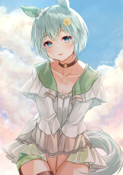 Rule 34 | 1girl, animal ears, blue eyes, blush, breasts, brown choker, choker, collarbone, commentary request, ear covers, flower, green sailor collar, green shorts, grey hair, grey shirt, hair between eyes, hair flower, hair ornament, hairclip, highres, horse ears, horse girl, horse tail, koji (kojikojimdw), layered shirt, long sleeves, looking at viewer, parted lips, sailor collar, seiun sky (reeling in the big one) (umamusume), seiun sky (umamusume), shirt, short hair, shorts, single ear cover, small breasts, solo, sunflower, sunflower hair ornament, tail, thigh strap, umamusume