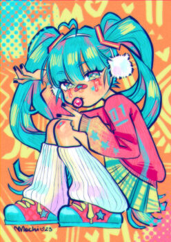 +_+ 1girl absurdres aqua_eyes aqua_hair artist_name bandaid bandaid_on_face bandaid_on_knee bandaid_on_leg bandaid_on_nose blowing_bubble_gum blush chewing_gum commentary dated earmuffs english_commentary halftone hatsune_miku heart highres long_hair looking_at_viewer loose_socks mochironmochi nail_polish orange_background pleated_skirt shoes skirt socks solo twintails v very_long_hair vocaloid