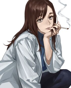 1girl absurdres asymmetrical_bangs bags_under_eyes brown_eyes brown_hair chinese_commentary cigarette coat commentary doctor from_side hand_in_own_hair highres holding holding_cigarette ieiri_shoko jujutsu_kaisen lips long_hair long_sleeves looking_at_viewer mole mole_under_eye pants simple_background smoking sweater taiyang_yu turtleneck turtleneck_sweater white_background white_coat