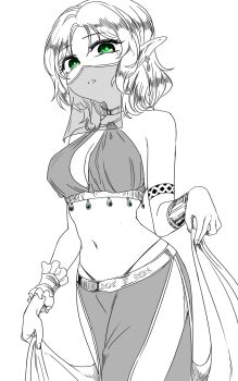 1girl absurdres alternate_costume breasts cleavage commentary_request cowboy_shot dancer earrings gem green_eyes green_gemstone highres jewelry looking_at_viewer medium_breasts mizuhashi_parsee mouth_veil open_mouth pointy_ears short_hair simple_background skirt solo touhou veil wrist_cuffs yokozuna_iwashi