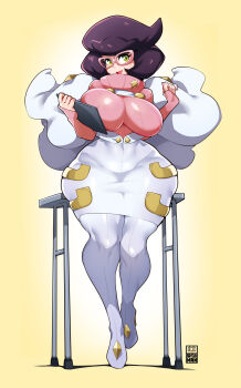 1girl absurdres bayeuxman big_hair boots breasts capelet full_body glasses gradient_background green_eyes highres huge_breasts mature_female nintendo open_mouth pencil_skirt pink-framed_eyewear pink_sweater pokemon pokemon_sm purple_hair simple_background skirt smile solo standing sweater table thigh_boots turtleneck turtleneck_sweater white_boots white_skirt wicke_(pokemon) wide_hips yellow_background