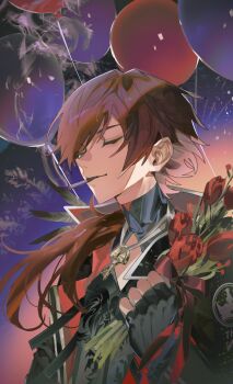 1boy absurdres balloon black_gloves cigarette cleavage_cutout closed_eyes closed_mouth clothing_cutout commentary english_commentary fingerless_gloves flower gloves gradient_sky hair_between_eyes highres holding holding_flower jewelry key kome_non lauren_iroas lauren_iroas_(1st_costume) long_sleeves male_focus necklace nijisanji ponytail red_flower red_hair rose side_ponytail sky smile smoke smoking solo upper_body virtual_youtuber