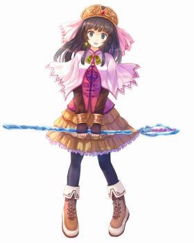 1girl atelier_(series) atelier_lise black_eyes black_hair blue_eyes blush boots capelet dress female_focus fingerless_gloves gloves hat long_hair open_mouth original pantyhose smile solo staff yakka