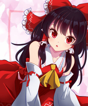 Rule 34 | 1girl, :o, ascot, bow, brown hair, collared shirt, commentary request, detached sleeves, duplicate, frilled bow, frilled hair tubes, frilled shirt collar, frills, hair bow, hair tubes, hakama, hakama skirt, hakurei reimu, highres, japanese clothes, kisaragi koushi, looking at viewer, medium hair, midriff peek, pixel-perfect duplicate, print bow, print collar, print skirt, red background, red bow, red eyes, red hakama, red ribbon, red shirt, red skirt, ribbon, ribbon-trimmed sleeves, ribbon trim, shirt, sidelocks, simple background, skirt, skirt set, sleeve bow, sleeveless, sleeveless shirt, solo, touhou, two-tone background, upper body, white background, white sleeves, wide sleeves, yellow ascot