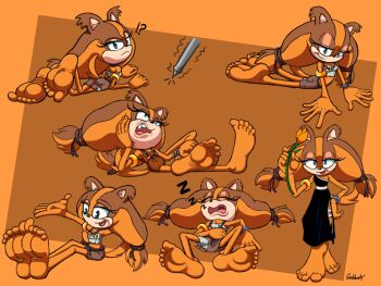 armpits bare_legs barefoot blue_eyes bracelet brown_fur brown_hair collar dress fang feet flower foot_focus goldent55555 jewelry legs leotard lying on_stomach orange_fur orange_hair petite seductive_smile sega sitting skirt sleeping smile soles sonic_(series) sonic_boom_(series) sticks_the_badger strapless tail tube_top twintails