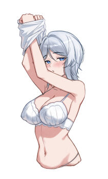 1girl arms_up blue_eyes bra breasts covered_erect_nipples faust_(project_moon) highres large_breasts limbus_company open_mouth project_moon short_hair sidelocks simple_background solo underwear undressing upper_body white_background white_bra white_hair zer0big1