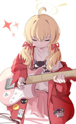 Rule 34 | 1girl, absurdres, ahoge, blonde hair, blue archive, closed eyes, coat, cropped legs, electric guitar, guitar, hair ribbon, halo, highres, holding, holding plectrum, instrument, light smile, logo, long hair, m mmig, official alternate costume, pink skirt, playing guitar, plectrum, red coat, ribbon, shirt, simple background, skirt, solo, sparkle, twintails, white background, white shirt, yoshimi (band) (blue archive), yoshimi (blue archive)