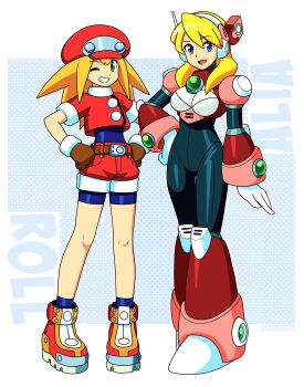 2girls absurdres alia_(mega_man) armor bike_shorts bike_shorts_under_shorts black_bodysuit blonde_hair blue_background blue_eyes bodysuit bodysuit_under_clothes border brown_gloves newsboy_cap character_name full_body gloves green_eyes hat headset highres jacket long_hair looking_at_viewer mega_man_(series) mega_man_legends_(series) mega_man_x_(series) multicolored_footwear multiple_girls nico-neko one_eye_closed pink_armor red_hat red_jacket red_shorts robot_ears roll_caskett_(mega_man) shorts simple_background two-tone_background white_border
