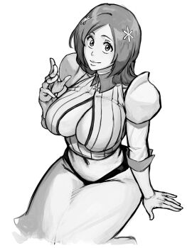 1girl bleach bleach:_sennen_kessen-hen breasts cleavage cleavage_cutout clothing_cutout detached_sleeves female_focus hair_ornament highres inoue_orihime large_breasts long_hair long_skirt looking_at_viewer midriff monochrome navel paid_reward_available sitting skirt smile snowflake_hair_ornament stomach zomboyaku