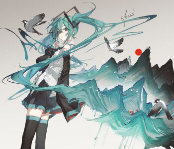 1girl absurdly_long_hair aqua_eyes aqua_hair aqua_nails aqua_necktie bare_shoulders bird black_boots black_skirt black_sleeves boots collared_shirt detached_sleeves feet_out_of_frame from_side grey_shirt hair_between_eyes hatsune_miku highres kasane_teto kieed long_hair long_sleeves looking_at_viewer miniskirt mountain nail_polish necktie number_tattoo parted_lips pleated_skirt red_sun revision shirt shoulder_tattoo skirt sleeveless sleeveless_shirt sleeves_past_fingers sleeves_past_wrists solo sun tattoo thigh_boots twintails twitter_username utau very_long_hair vocaloid white_bird zhongguo_hua
