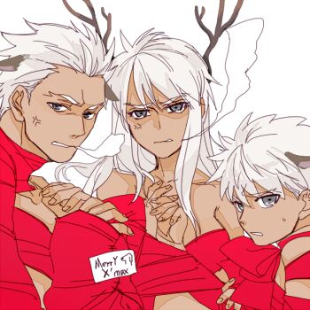 1girl 2boys aged_down anger_vein animal_ears antlers archer_(fate) bound christmas commentary crimo dark-skinned_female dark-skinned_male dark_skin deer_ears english_commentary fake_animal_ears fake_antlers fate/stay_night fate_(series) genderswap genderswap_(mtf) grey_eyes horns long_hair looking_at_viewer multiple_boys naked_ribbon reindeer_antlers ribbon ribbon_bondage short_hair simple_background sweatdrop white_background white_hair