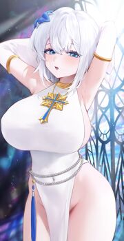 1girl absurdres armpits arms_behind_head blue_eyes breasts chain commentary commission cross cross_necklace crossed_bangs detached_sleeves dress groin hair_ornament highres jewelry large_breasts light_rays llttyyyuu looking_at_viewer necklace open_mouth original pelvic_curtain priana short_hair solo stained_glass thighs white_dress white_hair