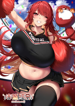 1girl akahime_momiji arm_up black_skirt black_thighhighs blush breasts cheerleader chixiao commentary confetti day heart heart-shaped_pupils highres holding holding_pom_poms huge_breasts indie_virtual_youtuber long_hair looking_at_viewer miniskirt mole mole_on_thigh mole_under_eye navel one_eye_closed outdoors pleated_skirt pom_pom_(cheerleading) pom_poms red_eyes red_hair skirt smile solo stomach sweat symbol-shaped_pupils teeth thighhighs
